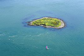 Petite île verdoyante d’Er Lannic entourée d’une mer turquoise avec un voilier à voile rose naviguant à proximité.