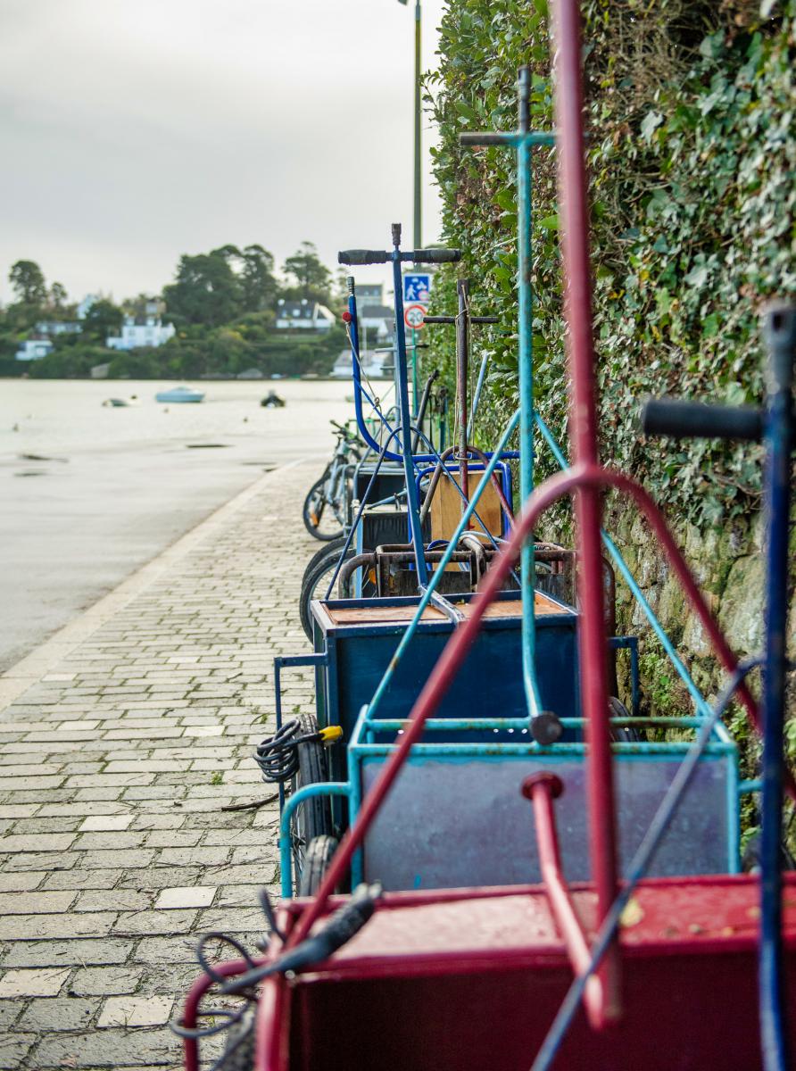 Alignement de charrettes métalliques colorées sur un quai pavé en bord de mer au port de l’île aux Moines par temps clair.