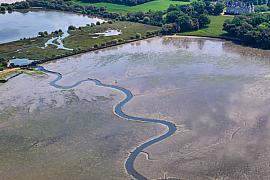 Méandre d’eau serpentant dans la vasière du Golfe du Morbihan devant le château de Truscat à marée basse sous une lumière douce.