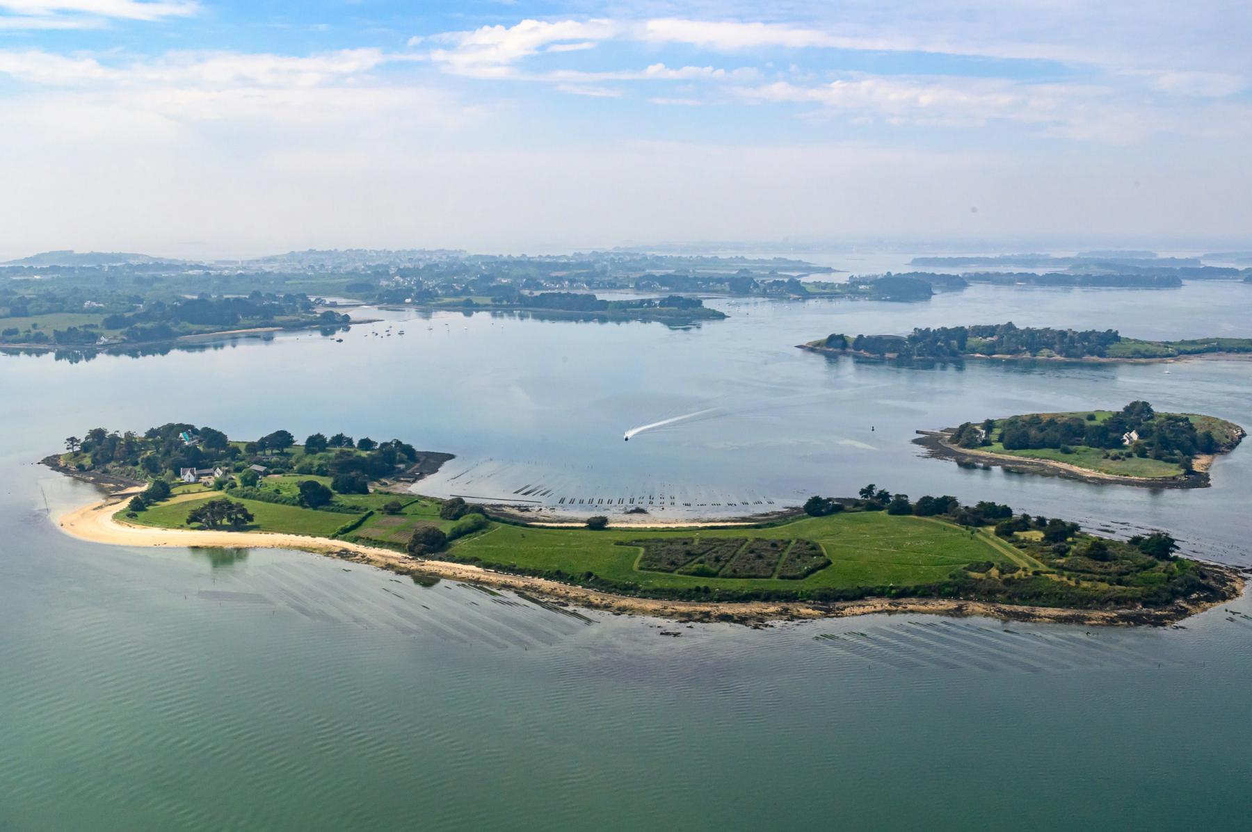 Île de Govihan verdoyante entourée d’eaux calmes bleutées avec parcs à huîtres visibles sous la surface à Sarzeau.