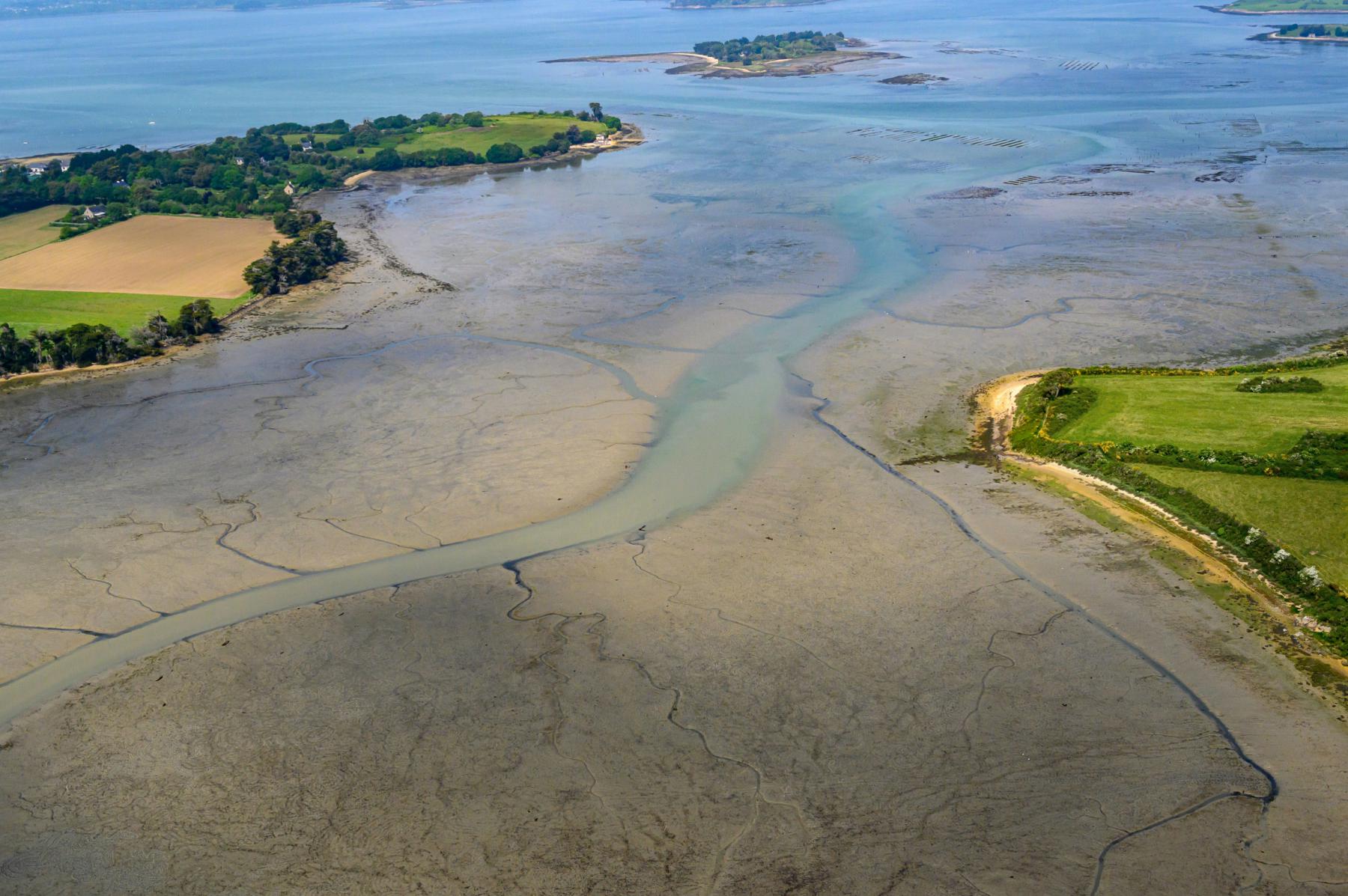 Vue aérienne de la vase craquelée et d’un chenal sinueux à marée basse entre terre et mer à Sarzeau dans le Morbihan.