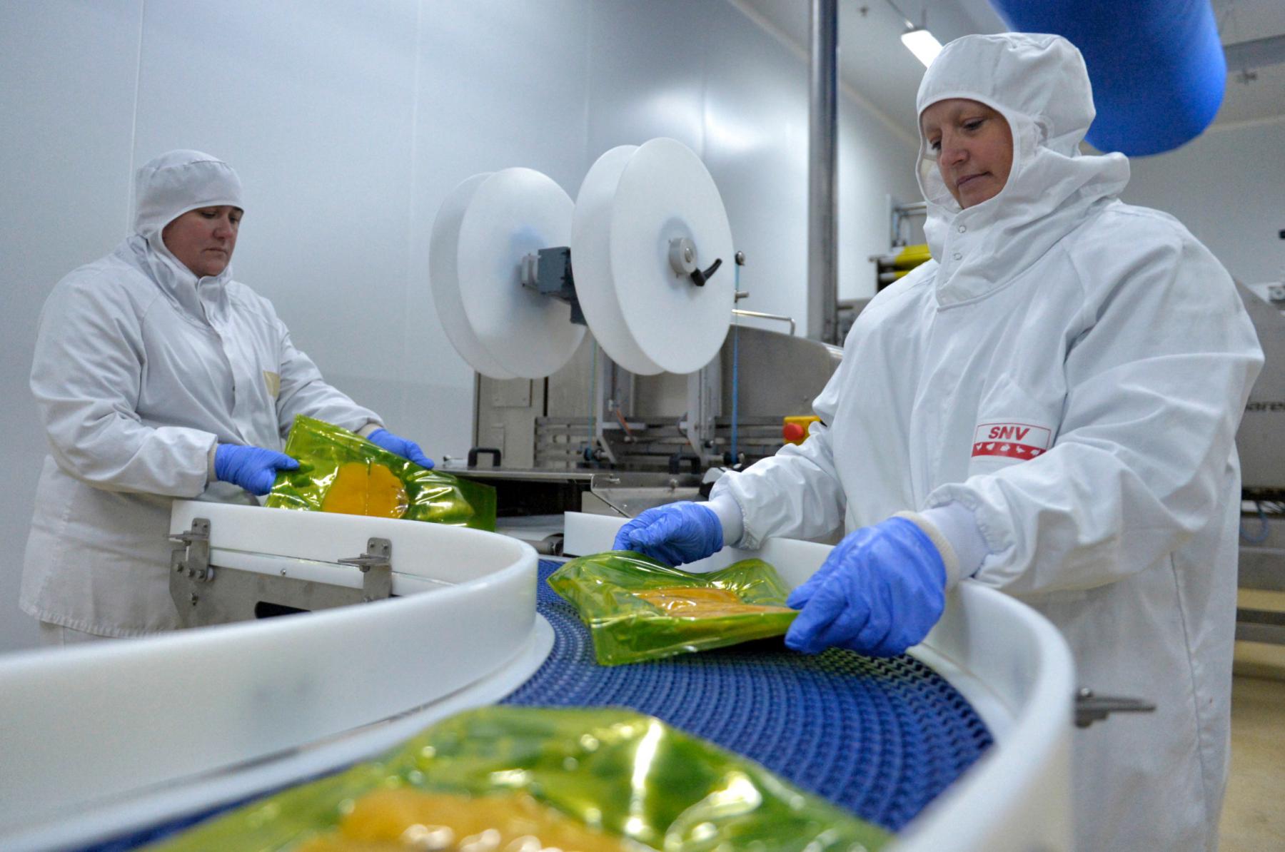 Employés en tenue d’hygiène blanche et gants bleus manipulant des barquettes de volaille sous vide sur un convoyeur bleu.