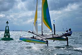 Photographie Photographe nautique et voile, je capte un catamaran à foils en pleine régate. La vitesse et la maîtrise technique s'allient pour sublimer vos projets visuels.