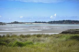 Dunes et herbes hautes devant la plage de Lancieux à marée basse. Promeneurs et voiles de kitesurf sous un ciel bleu clair.