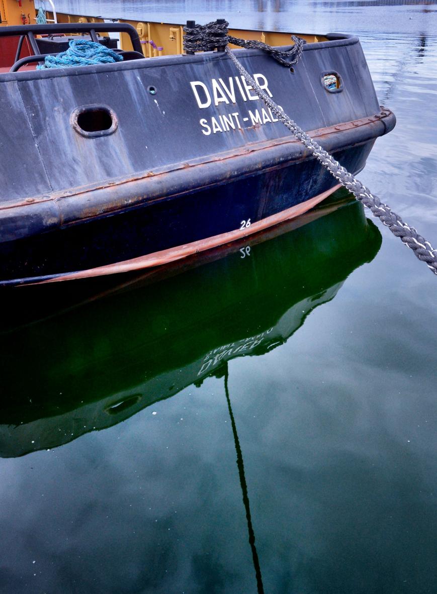 Poupe du remorqueur Davier à Saint-Malo, inscription blanche sur coque noire, reflet net dans l’eau verte du bassin.