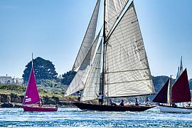 Voilier classique Pen Duick 1 toutes voiles dehors devant l’île d’Er Lannic, mer bleue scintillante et lumière vive.