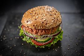 Burger végétal aux graines, steak végétarien, oignon rouge et crudités sur ardoise noire, lumière studio.